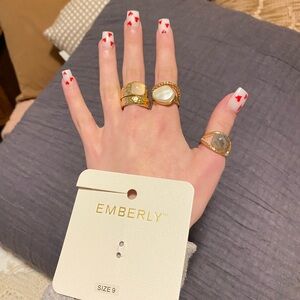 Gold Ring Stack with White Pearl and Gem features — Size 9